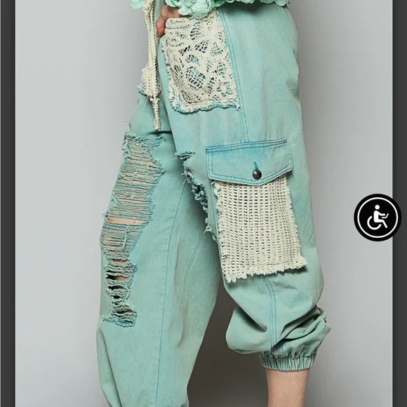 POL Dusty teal Distressed Cargo Pants with Lace Accents - Picture 2 of 15
